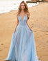 Light Sky Blue Prom Dresses with Sheer V-Neck A-line Sexy Tulle Long Prom Party Gowns 2021